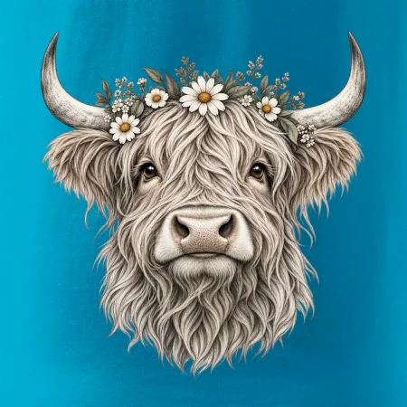 Highlandská krava s kvetinami