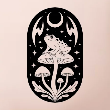 Goblincore čiernobiela oválna žaba