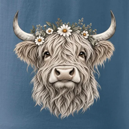 Highlandská krava s kvetinami