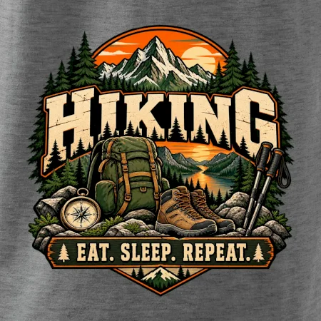 Turistický batoh v horách eat sleep repeat