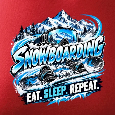 Snowboard s horským sněhem eat sleep repeat