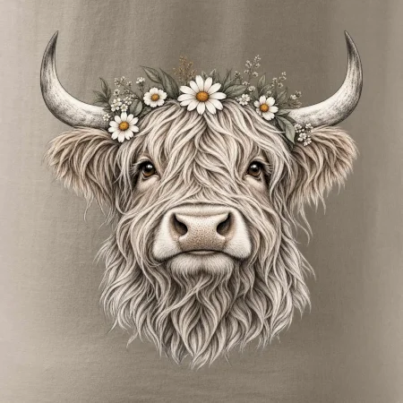 Highlandská krava s kvetinami