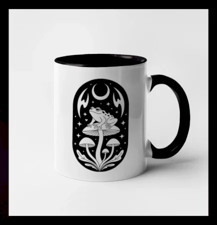 Goblincore čiernobiela oválna žaba