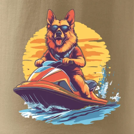 Nemecký ovčiak na vodnom skútri