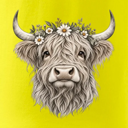 Highlandská krava s kvetinami
