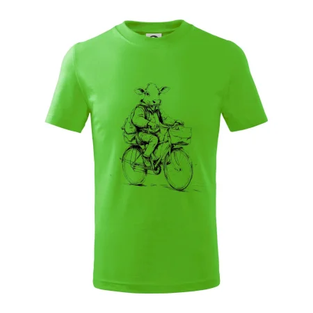 Krava v obleku na bicykli