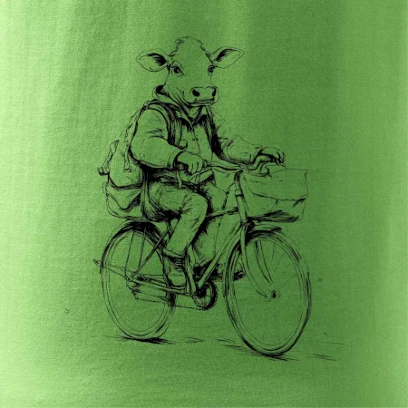 Krava v obleku na bicykli