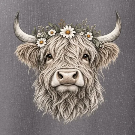 Highlandská krava s kvetinami