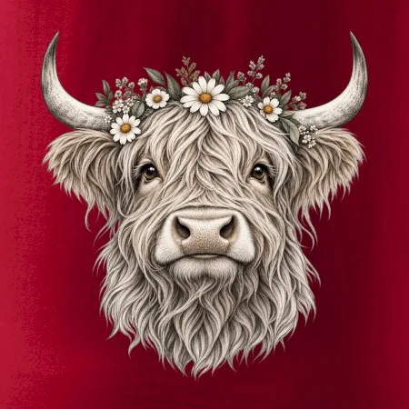 Highlandská krava s kvetinami