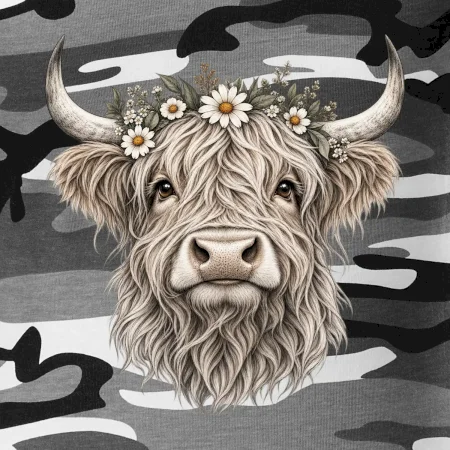 Highlandská krava s kvetinami