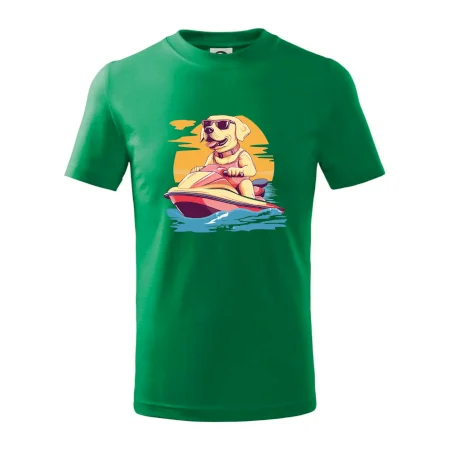Zlatý retriever na vodnom skútri