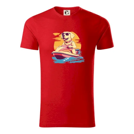 Zlatý retriever na vodnom skútri