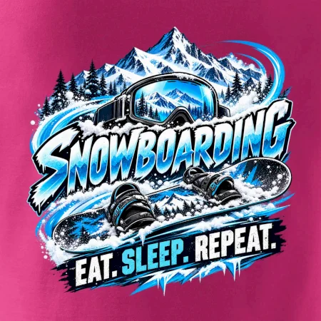 Snowboard s horským sněhem eat sleep repeat