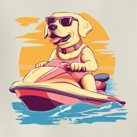 Zlatý retriever na vodnom skútri