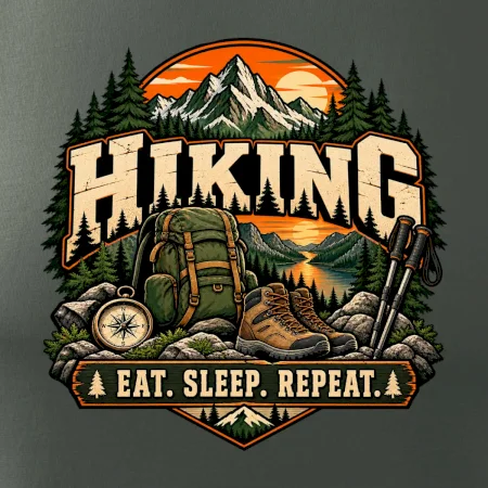 Turistický batoh v horách eat sleep repeat