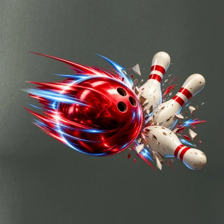 Bowlingová koule v akci a padající kuželky
