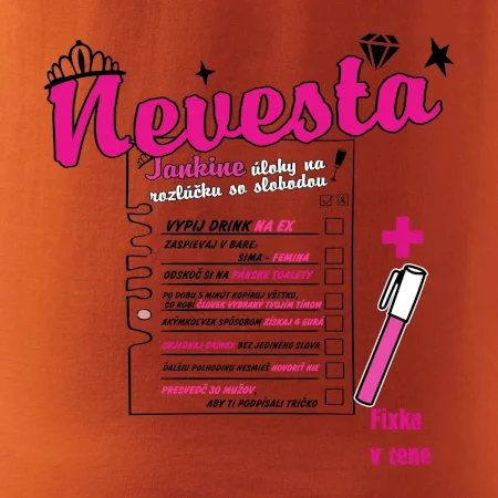 Tričko na rozlúčku s úlohami na chrbte + nápis nevesta