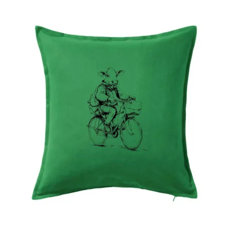 Krava v obleku na bicykli