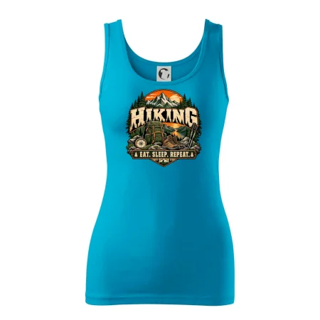 Turistický batoh v horách eat sleep repeat