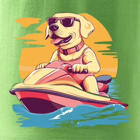 Zlatý retriever na vodnom skútri