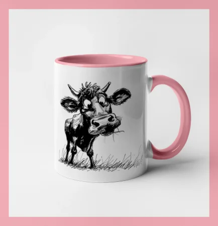 Čiernobiela karikatúra krava stojaca