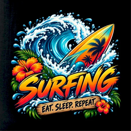 Surfové prkno a mořská vlna eat sleep repeat