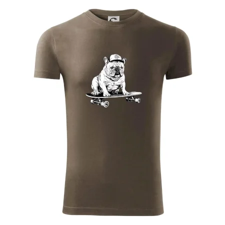 Čiernobiely buldog na skateboarde