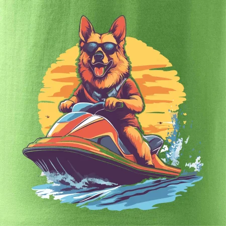 Nemecký ovčiak na vodnom skútri