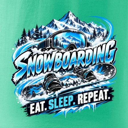 Snowboard s horským sněhem eat sleep repeat