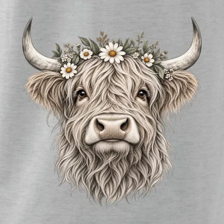 Highlandská krava s kvetinami