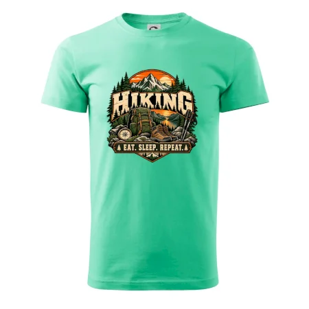 Turistický batoh v horách eat sleep repeat