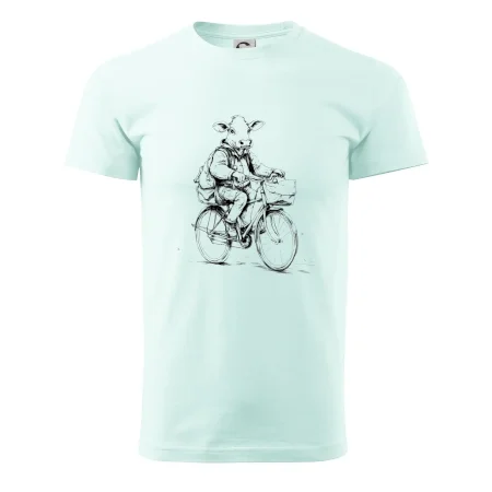 Krava v obleku na bicykli