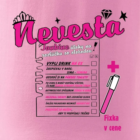 Tričko na rozlúčku s úlohami na chrbte + nápis nevesta