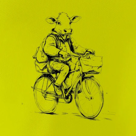 Krava v obleku na bicykli