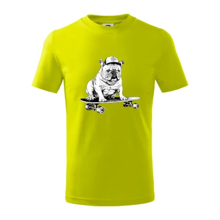 Čiernobiely buldog na skateboarde