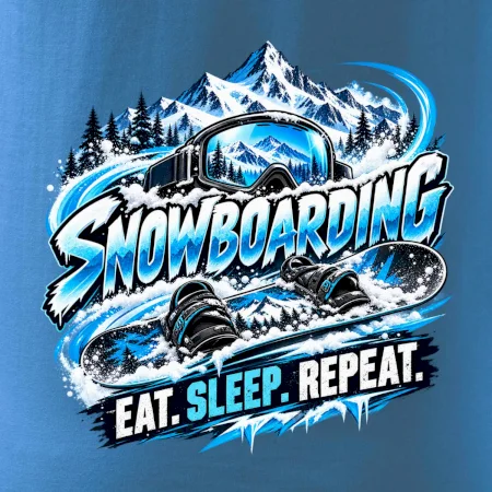 Snowboard s horským sněhem eat sleep repeat
