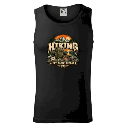 Turistický batoh v horách eat sleep repeat