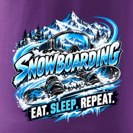Snowboard s horským sněhem eat sleep repeat