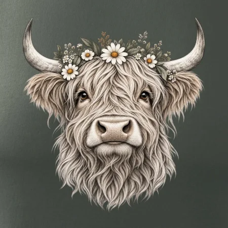 Highlandská krava s kvetinami