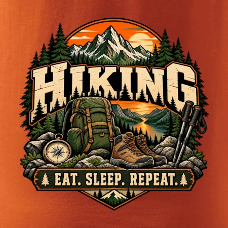 Turistický batoh v horách eat sleep repeat