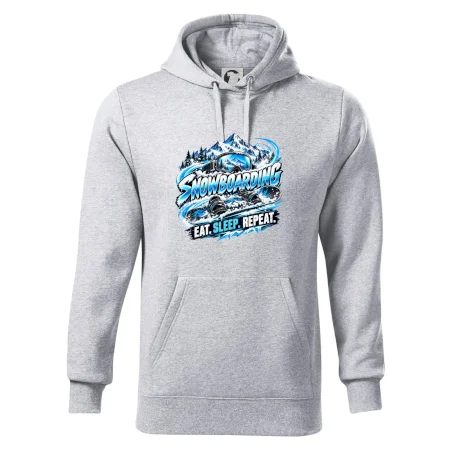 Snowboard s horským sněhem eat sleep repeat