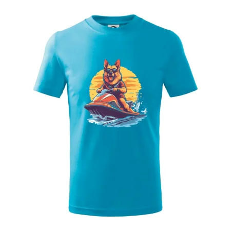 Nemecký ovčiak na vodnom skútri