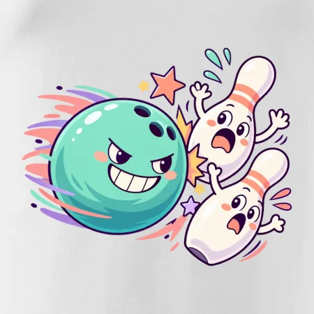 Bowling vtipná koule honí vystrašené kuželky