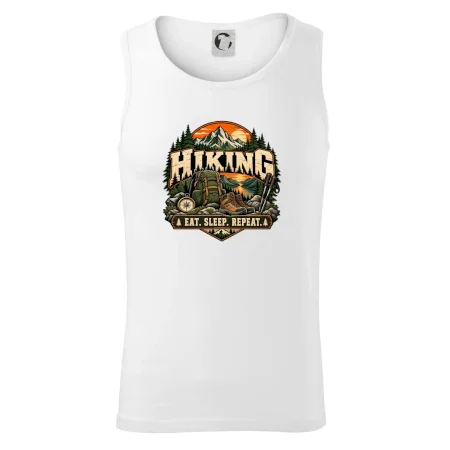 Turistický batoh v horách eat sleep repeat