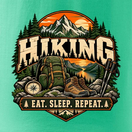 Turistický batoh v horách eat sleep repeat