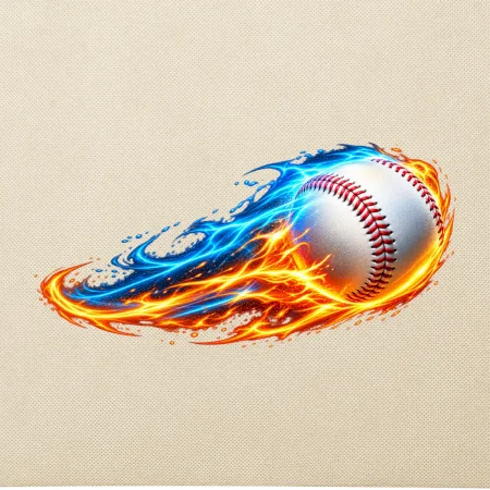 Letící baseballový míček v plamenech