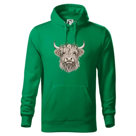 Highlandská krava s kvetinami