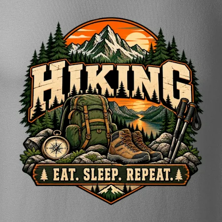 Turistický batoh v horách eat sleep repeat
