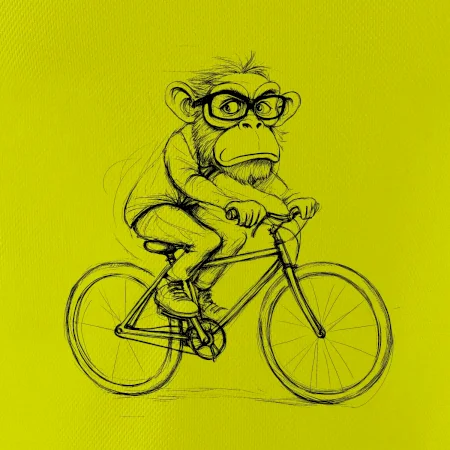 Opice s okuliarmi na bicykli