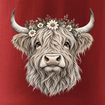 Highlandská krava s kvetinami